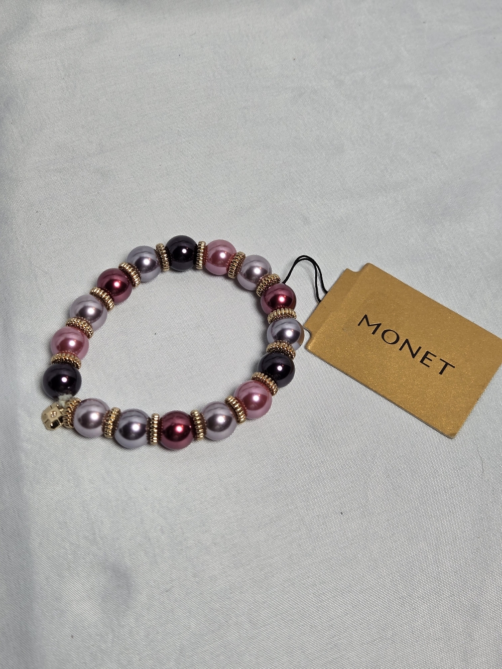 Monet Pink, Lavender & Plum Pearl Stretch Bracelet with Gold Accents